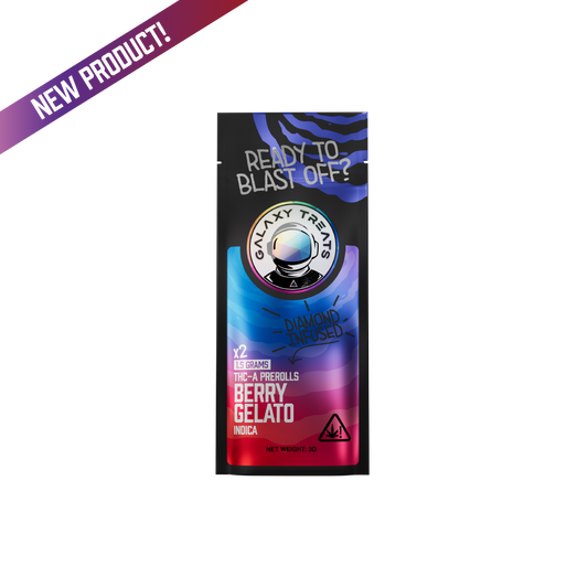 Berry Gelato THCA Prerolls - 1.5 Gram Indica Flower - Front Shot of Packaging - Galaxy Treats in the U.S.