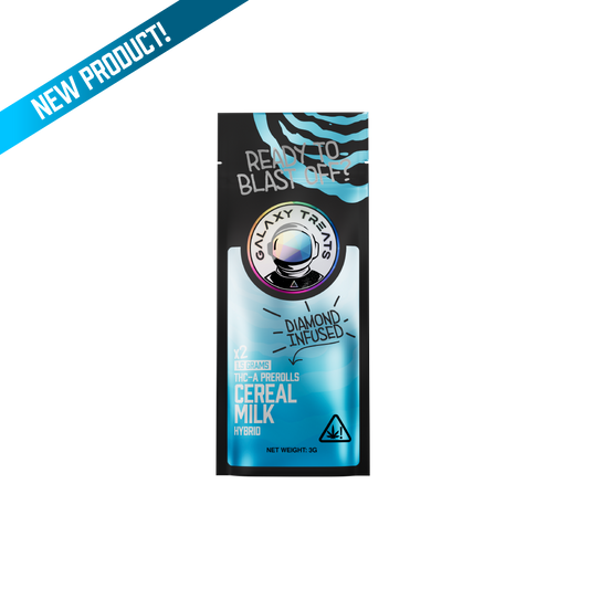 Cereal Milk THCA Prerolls - 1.5 Gram Hybrid Flower - Front Shot of Packaging - Galaxy Treats in the U.S.