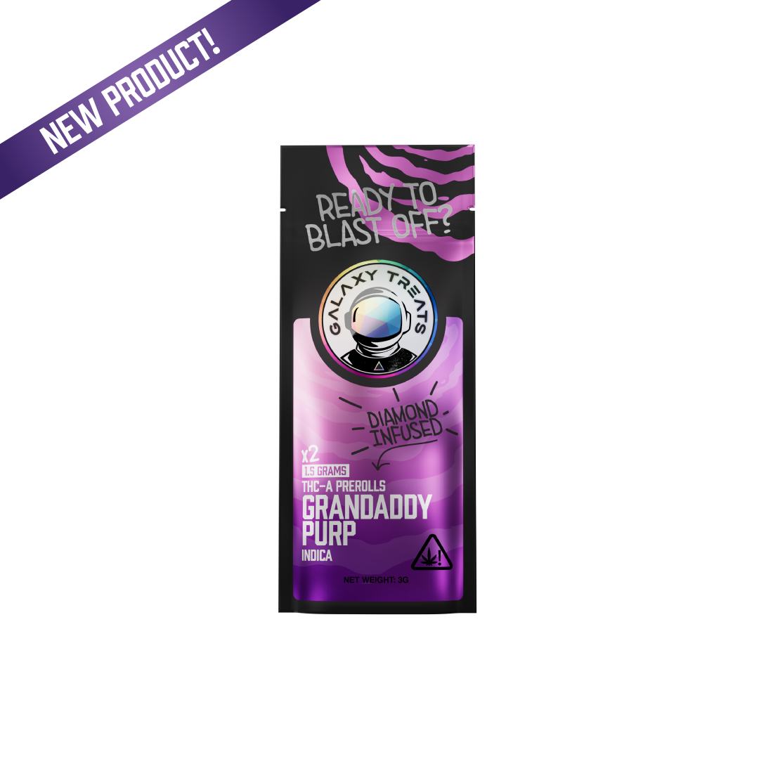 Grandaddy Purp THCA Prerolls - 1.5 Gram Indica Flower - Front Shot of Packaging - Galaxy Treats in the U.S.
