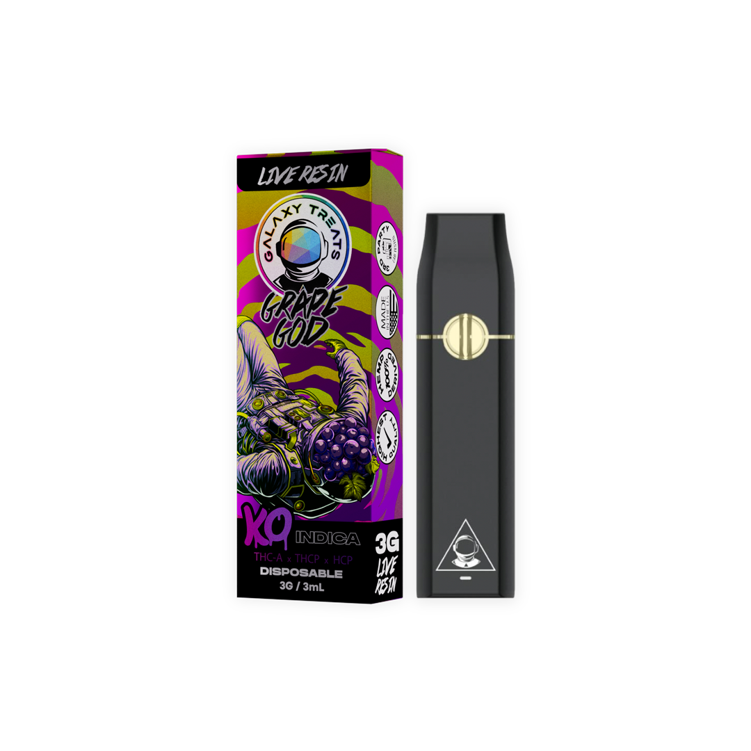 Grape God Vape Pen - Live Resin Indica - Front Shot of Disposable - Galaxy Treats in the U.S.