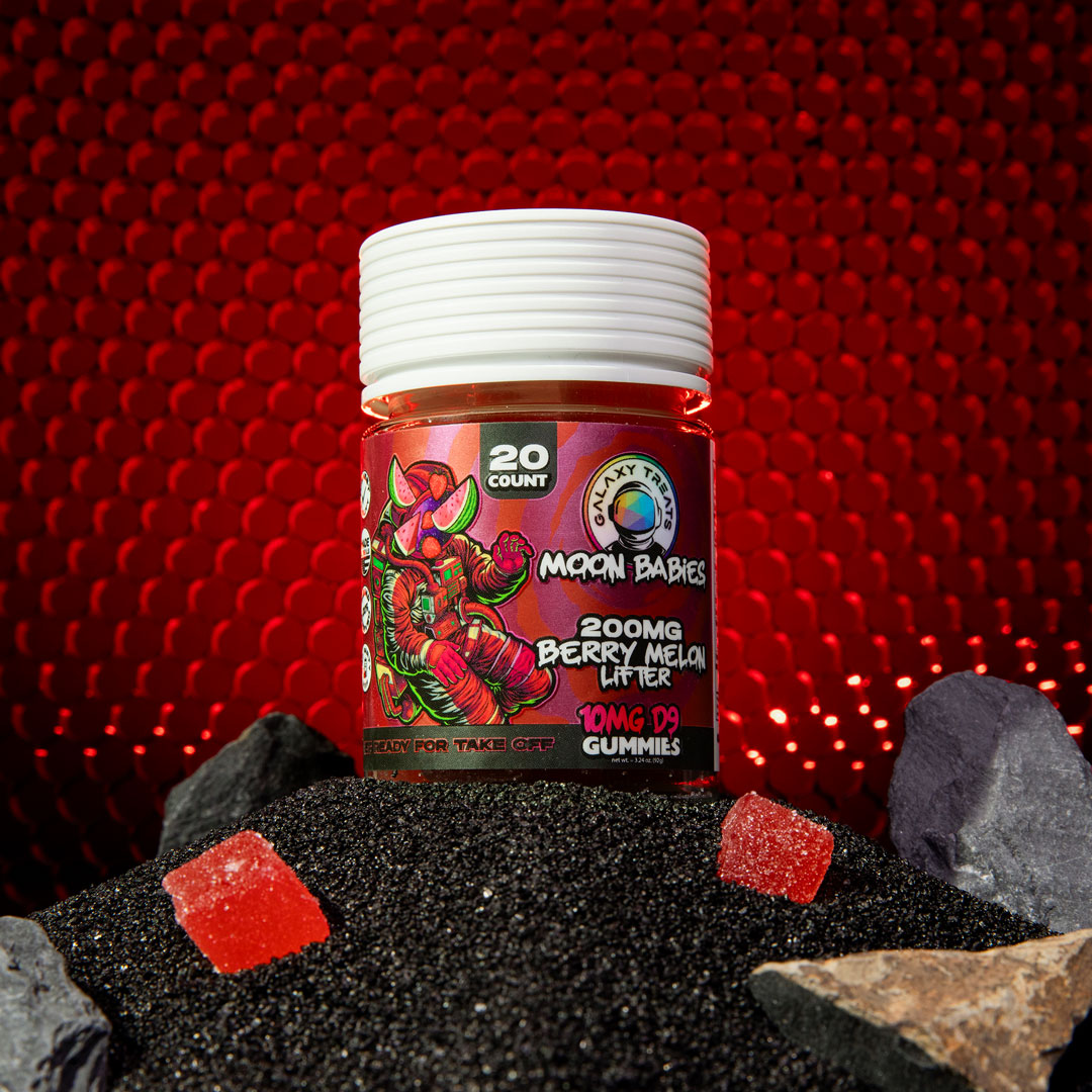 Berry Melon Lifter Delta 9 Gummies - 10MG Delta 9 - Front Facing Product and Gummies Image - Galaxy Treats in the U.S.