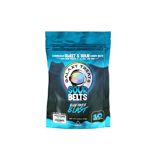 Bluerazz Blast Sour Belts - High Potency 3000MG Multi-Cannabinoid Edibles - Front Shot Packaging Image - Galaxy Treats in the U.S.
