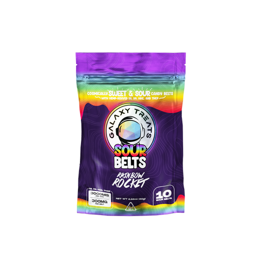 Rainbow Rocket Sour Belts - High Potency THC Edibles - Front Shot Packaging Image - Galaxy Treats in the U.S.
