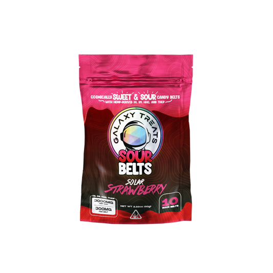 Solar Strawberry Sour Belts - High Potency Multi-Cannabinoid Edibles - Front Shot Packaging Image - Galaxy Treats in the U.S.