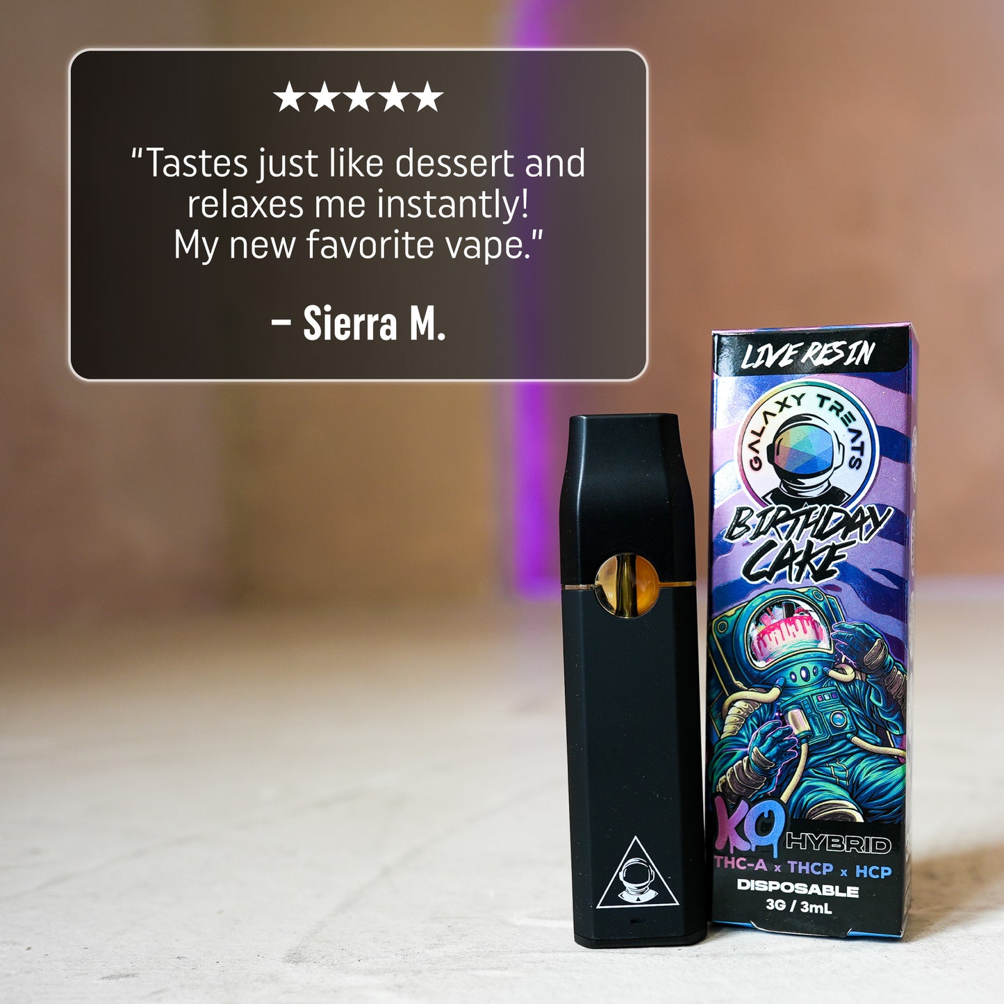 Birthday Cake Vape Pen - Live Resin Hybrid - Front Shot of Packaging and Disposable Device - 5 Star Testimonial - Galaxy Treats in the U.S.