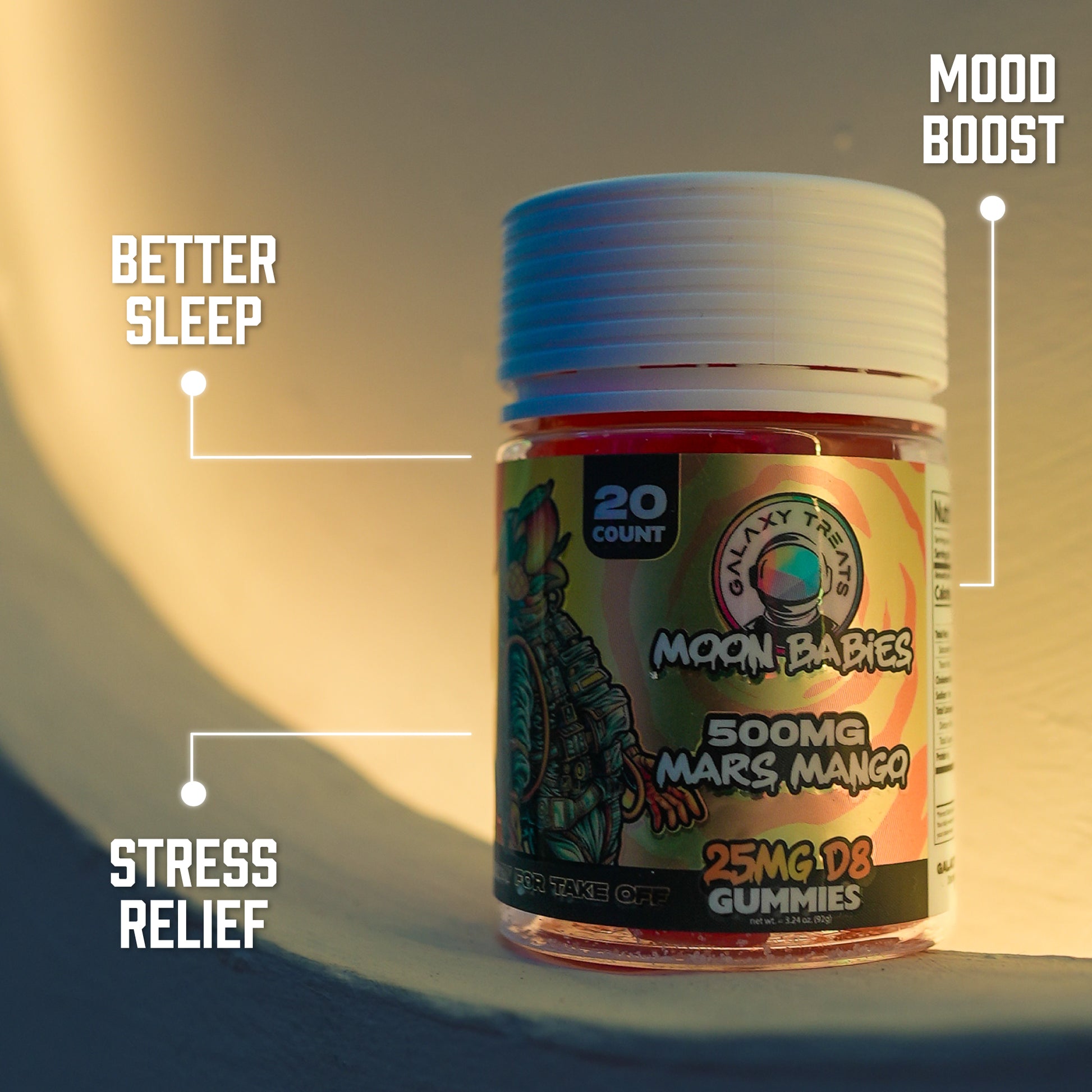 Mars Mango Delta 8 Gummies - 25MG Delta 8 Mango Flavored Edible Benefits - Front Facing Product Image - Galaxy Treats in the U.S.