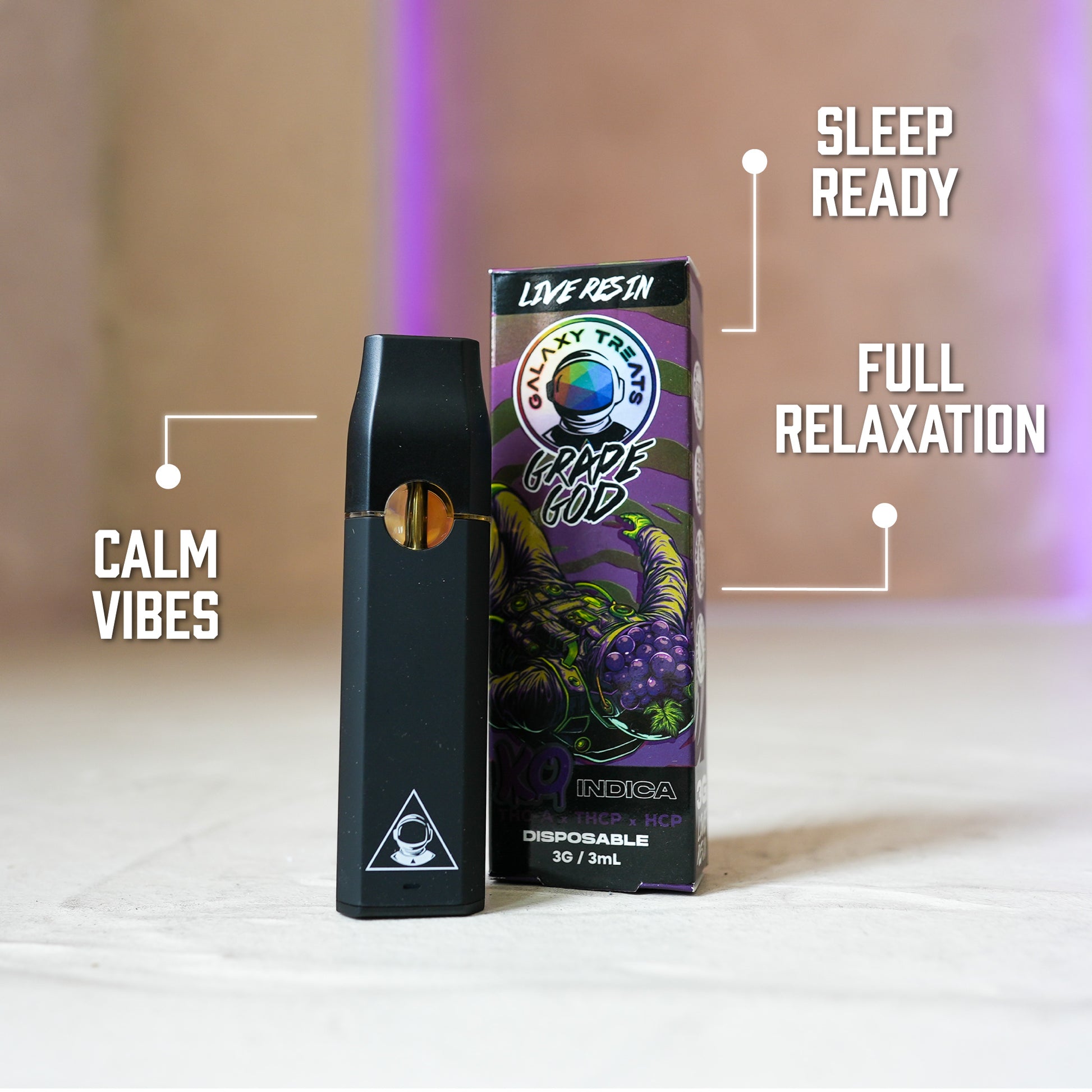 Grape God Vape Pen - Live Resin Indica - Front Shot of Packaging and Vape Device - Disposable Benefits - Galaxy Treats in the U.S.