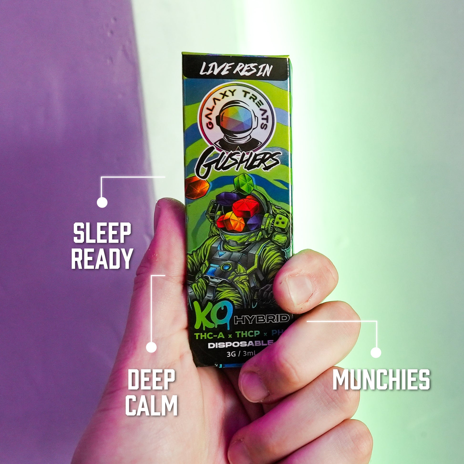 Gushers Vape Pen - Live Resin Hybrid - Hand Holding Packaging - Disposable Benefits - Galaxy Treats in the U.S.