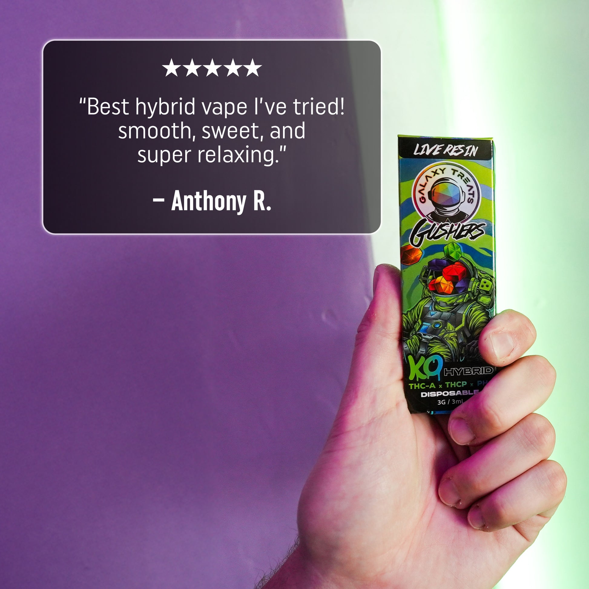 Gushers Vape Pen - Live Resin Hybrid - Front Shot of Packaging and Disposable Device - 5 Star Testimonial - Galaxy Treats in the U.S.