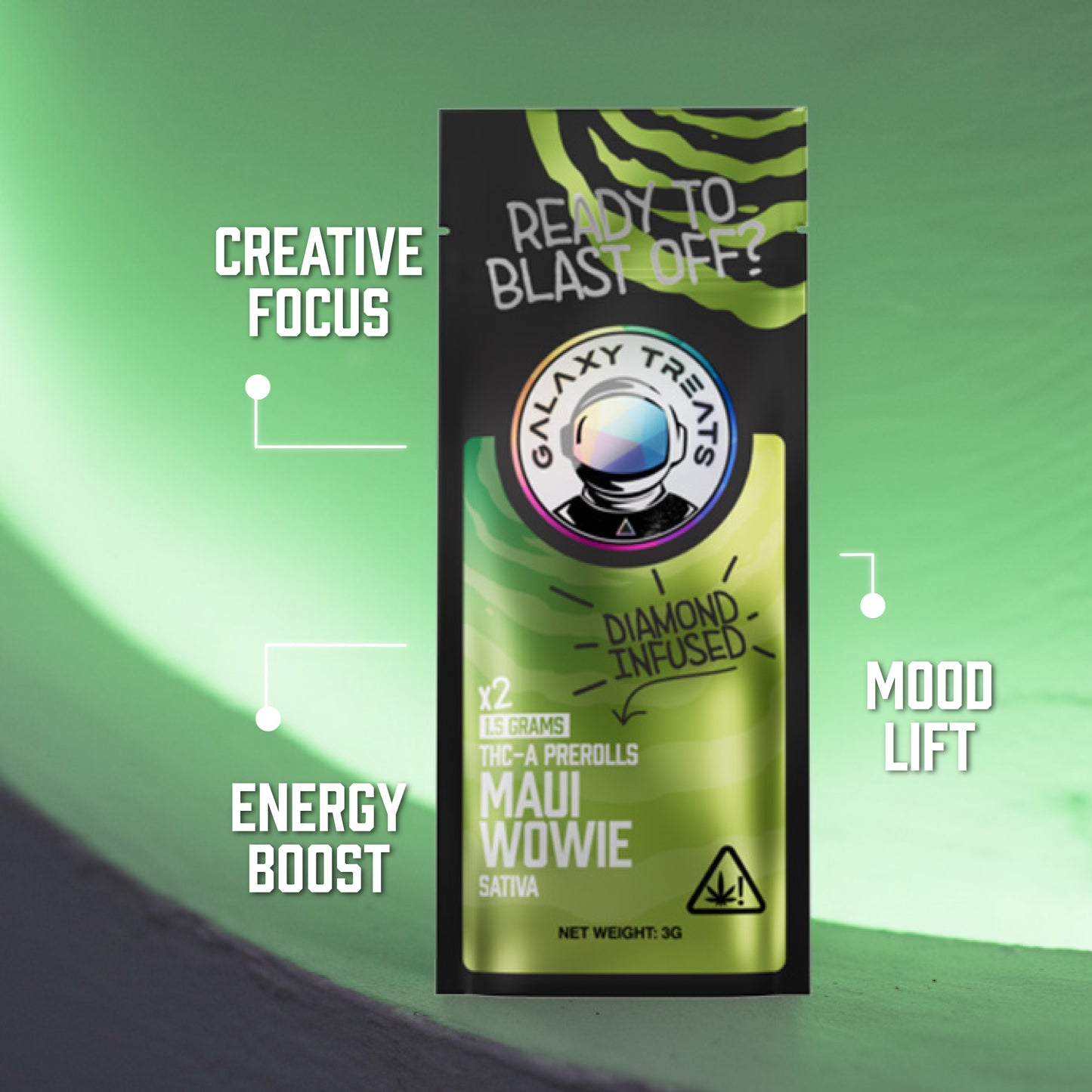 Maui Wowie THCA Prerolls - 1.5 Gram Sativa Flower - Front Shot of Packaging - Hemp Derived Smokable Benefits - Galaxy Treats in the U.S.
