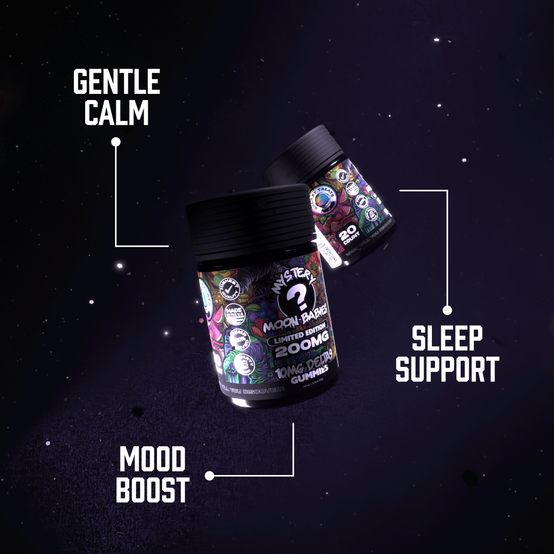 Mystery Flavor Delta 9 Gummies - 10MG Delta 9 - Product Floating in Space Render - Highlighting Edible Benefits - Galaxy Treats in the U.S.