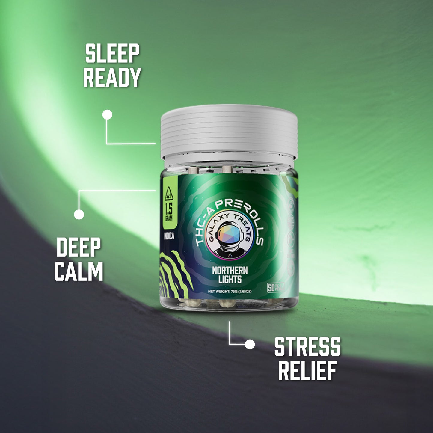 Northern Lights THCA Prerolls - 1.5 Gram Indica Flower - Front Shot of Packaging - Hemp Derived Smokable Benefits - Galaxy Treats in the U.S.