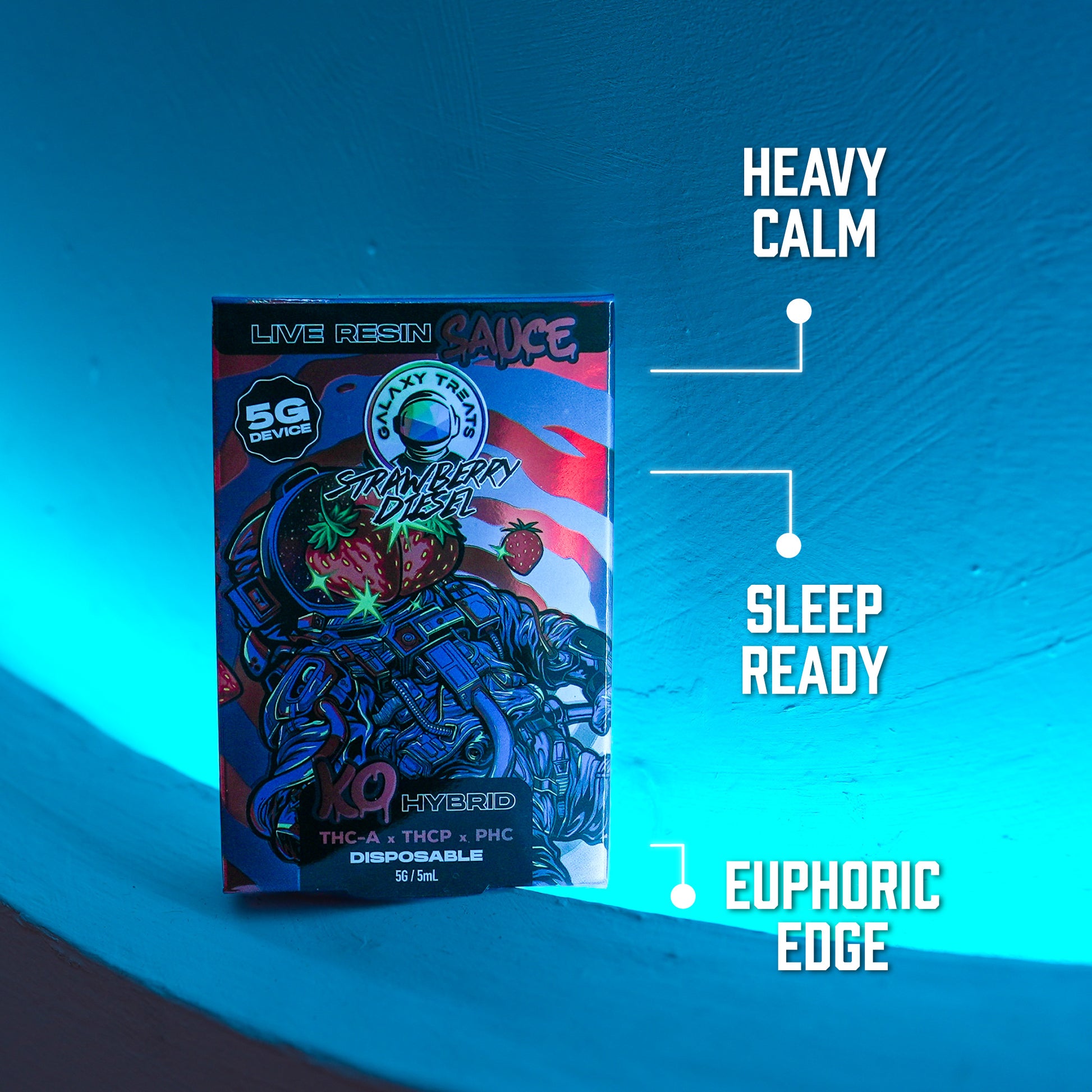 Strawberry Diesel Vape Pen - Live Resin Hybrid - Front Shot of Packaging - Disposable Benefits on Blue Background - Galaxy Treats in the U.S.