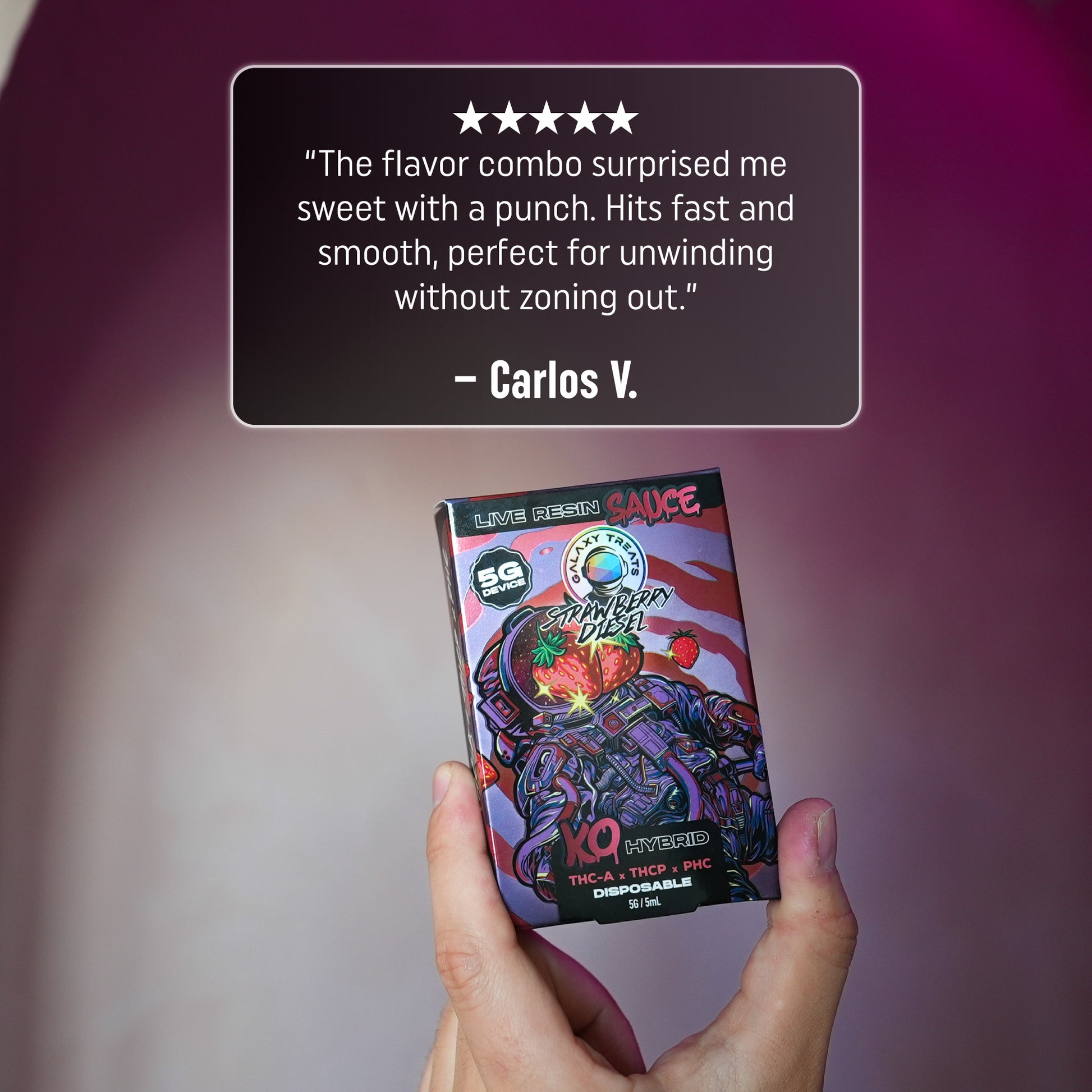 Strawberry Diesel 5 Gram Vape Pen - Live Resin Hybrid - Hand Holding Packaging - 5 Star Testimonial - Galaxy Treats in the U.S.