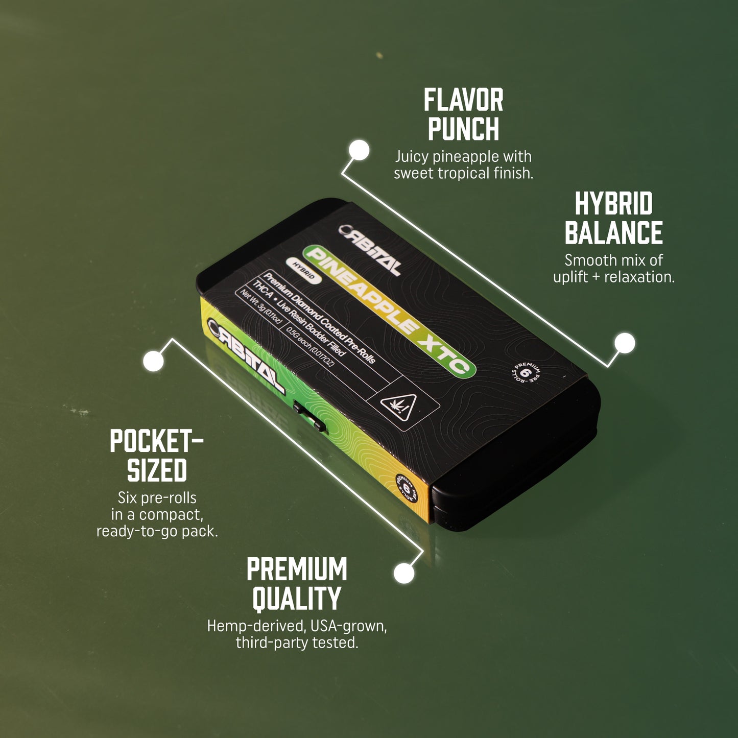 Pineapple XTC THCA Prerolls - .5 Gram Hybrid Flower - Front Shot of Packaging - Hemp Derived Smokable Top Selling Points - Galaxy Treats in the U.S.