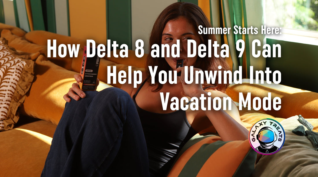 Beginning of summer, woman sitting on a bright vibrant couch with a 2G disposable live resin vape in hand from Galaxy Treats