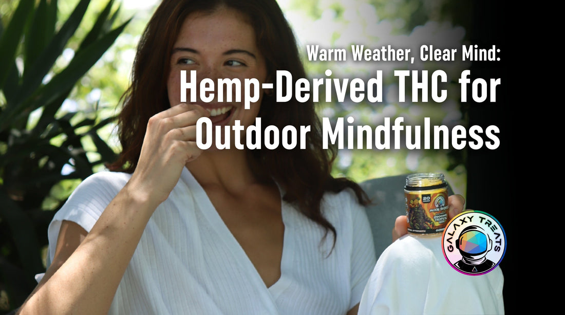 Woman smiling in garden eating THC gummy from Galaxy Treats