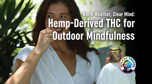 Woman smiling in garden eating THC gummy from Galaxy Treats