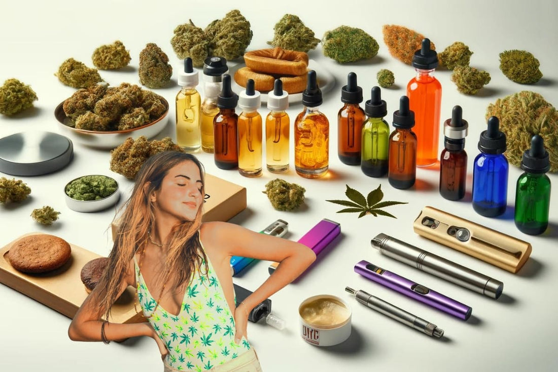 Lady in weed swimsuit surrounded by weed and hemp-derived thc products