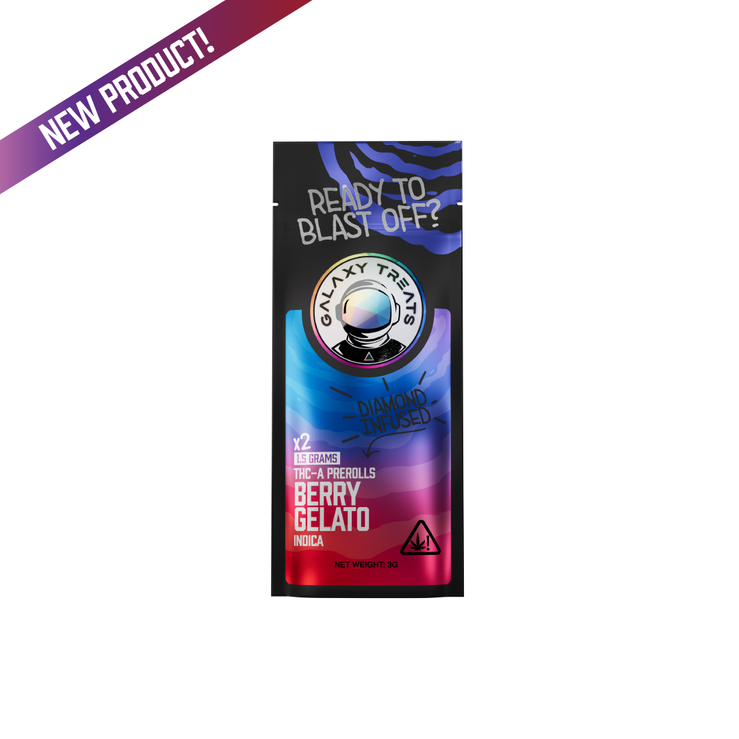 Berry Gelato THCA Prerolls - 1.5 Gram Indica Flower - Front Shot of Packaging - Galaxy Treats in the U.S.
