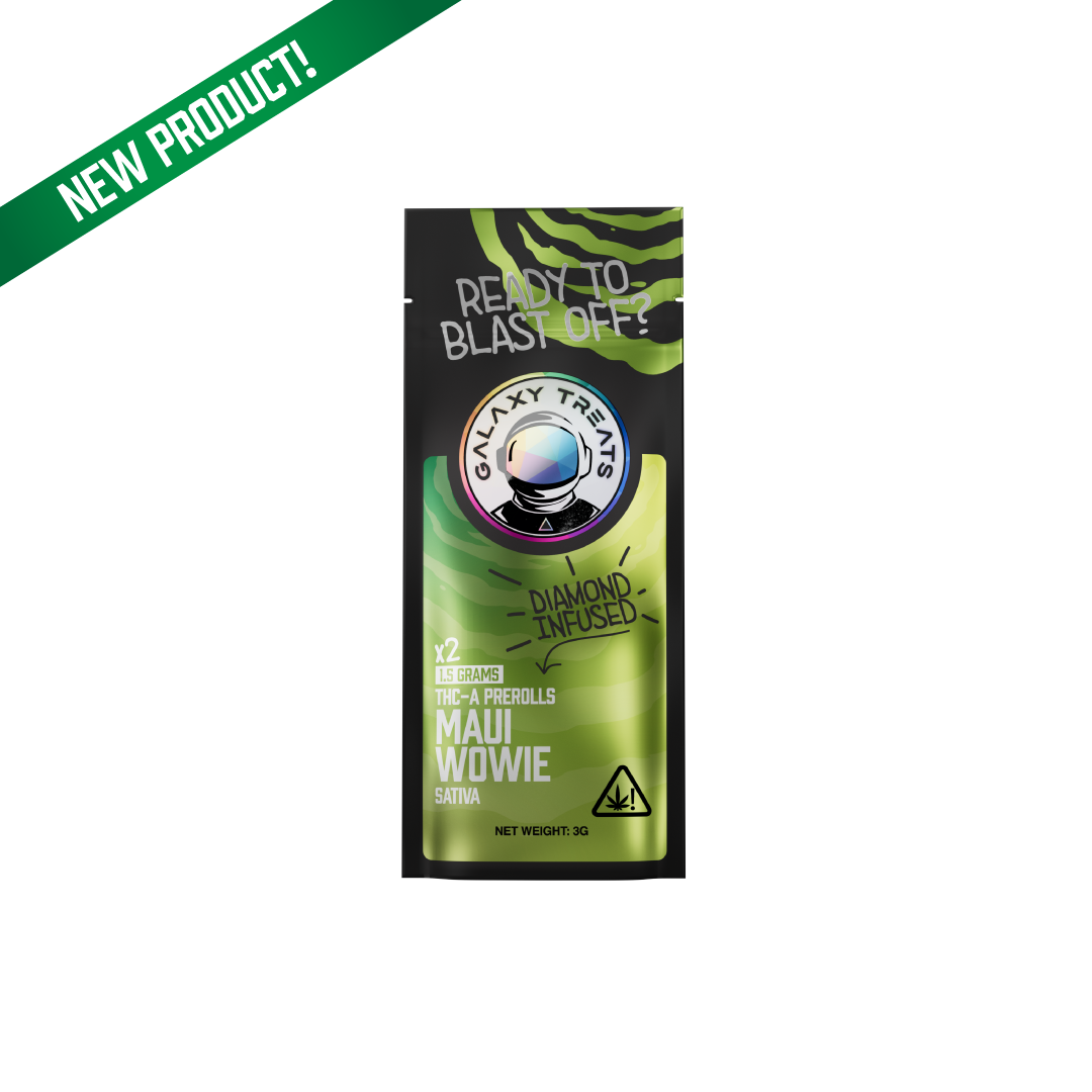 Maui Wowie THCA Prerolls - 1.5 Gram Sativa Flower - Front Shot of Packaging - Galaxy Treats in the U.S.