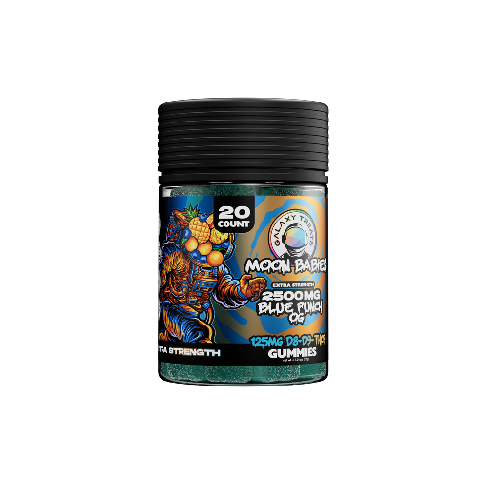 Extra Strength D8 D9 THCP Gummies - 125MG Blue Punch OG Edibles - Front Shot of Gummy Jar - Galaxy Treats in the U.S.