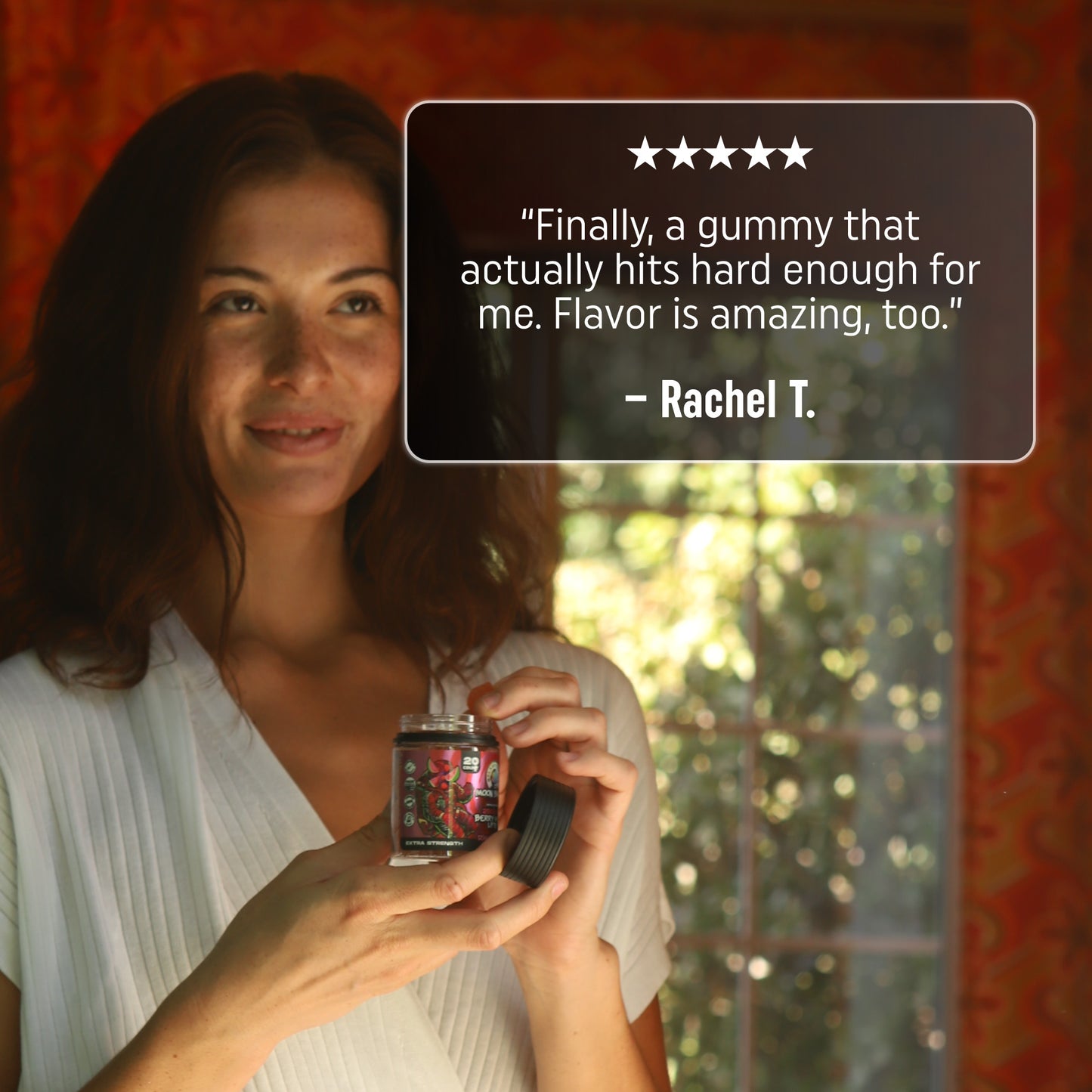 125MG Berry Melon Lifter Delta Edibles - 5 Star Review - Woman Holding Gummy and Jar - Galaxy Treats in the U.S.