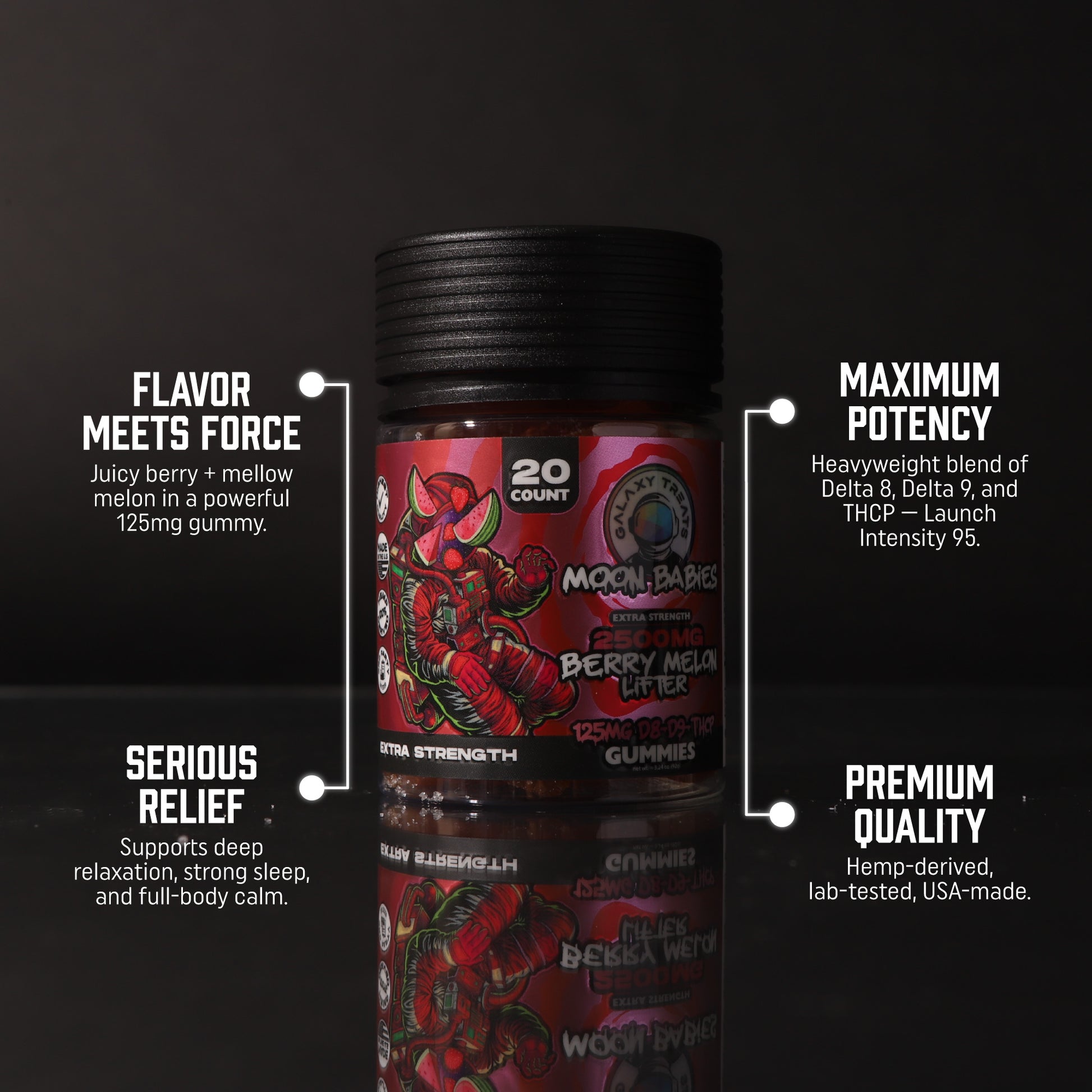 125MG Berry Melon Lifter D8 D9 THCP Edibles - Front Shot of Jar - Top Selling Points - Galaxy Treats in the U.S.