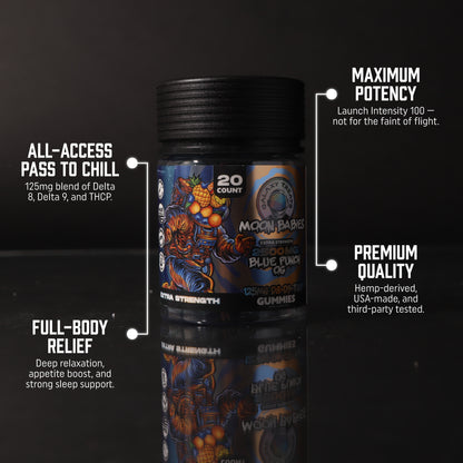 125MG Blue Punch OG D8 D9 THCP Edibles - Front Shot of Jar - Top Selling Points - Galaxy Treats in the U.S.