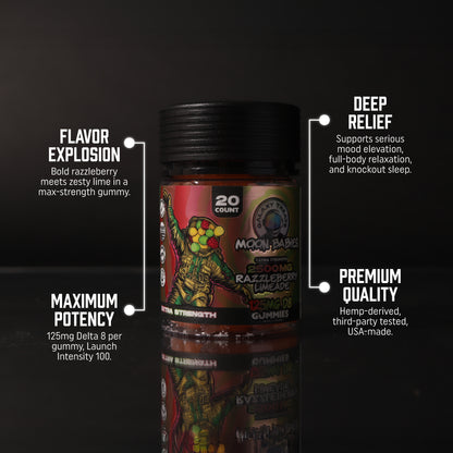 125MG Raspberry Lemonade Delta 8 Edibles - Front Shot of Jar - Top Selling Points - Galaxy Treats in the U.S.
