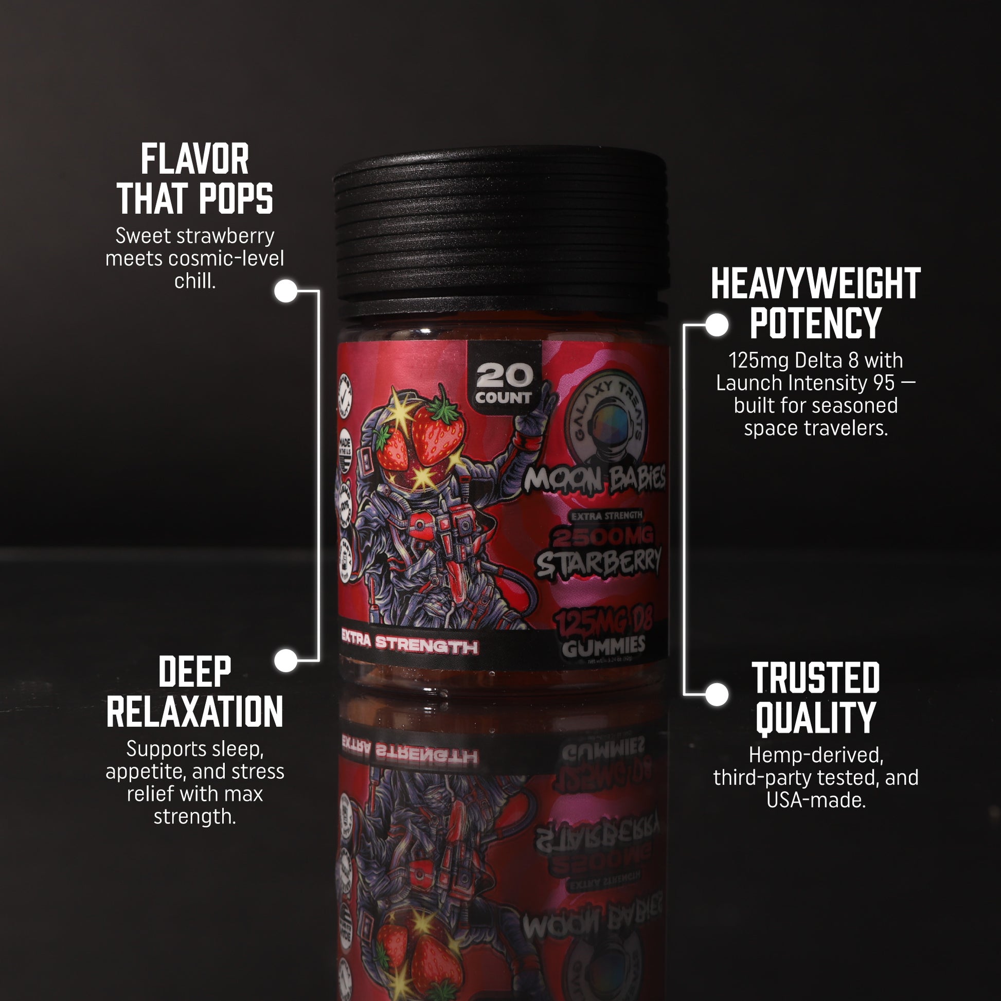 Starberry Extra Strength Delta 8 Gummies - 125MG Strawberry Flavor Delta 8 Edibles - Top Selling Points - Front Facing Image of Jar - Galaxy Treats in the U.S.