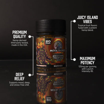 125MG Tropical Kush D8 D9 THCP Edibles - Front Shot of Jar - Top Selling Points - Galaxy Treats in the U.S.