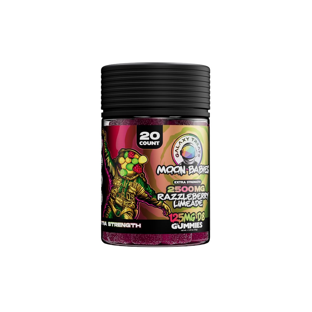 Extra Strength Delta 8 Gummies - 125MG Raspberry Lime Flavor Delta 8 Edibles - Front Shot of Gummy Jar - Galaxy Treats in the U.S.