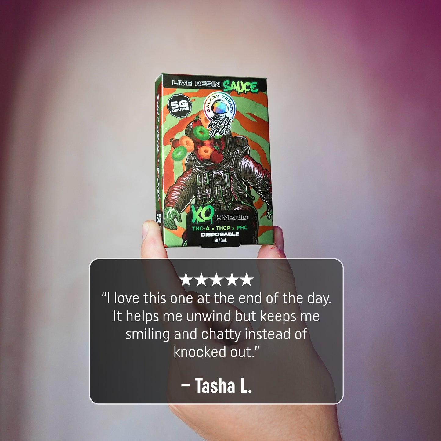 Apple Jack 5 Gram Vape Pen - Live Resin Hybrid - Front Shot of Packaging - 5 Star Testimonial - Galaxy Treats in the U.S.