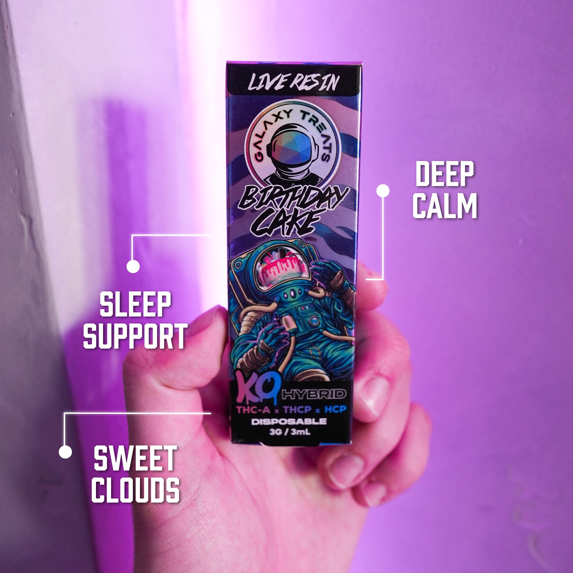 Birthday Cake Vape Pen - Live Resin Hybrid - Hand Holding Packaging - Disposable Benefits - Galaxy Treats in the U.S.