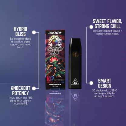 Birthday Cake Vape Pen - Live Resin Hybrid - Vape Device on Purple Background - Top Selling Points - Galaxy Treats in the U.S.