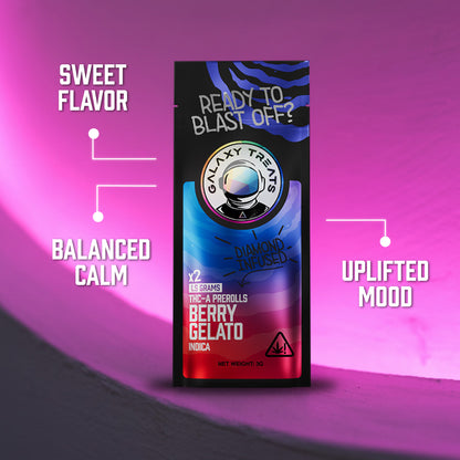 Berry Gelato THCA Prerolls - 1.5 Gram Indica Flower - Front Shot of Packaging - Hemp Derived Smokable Benefits - Galaxy Treats in the U.S.
