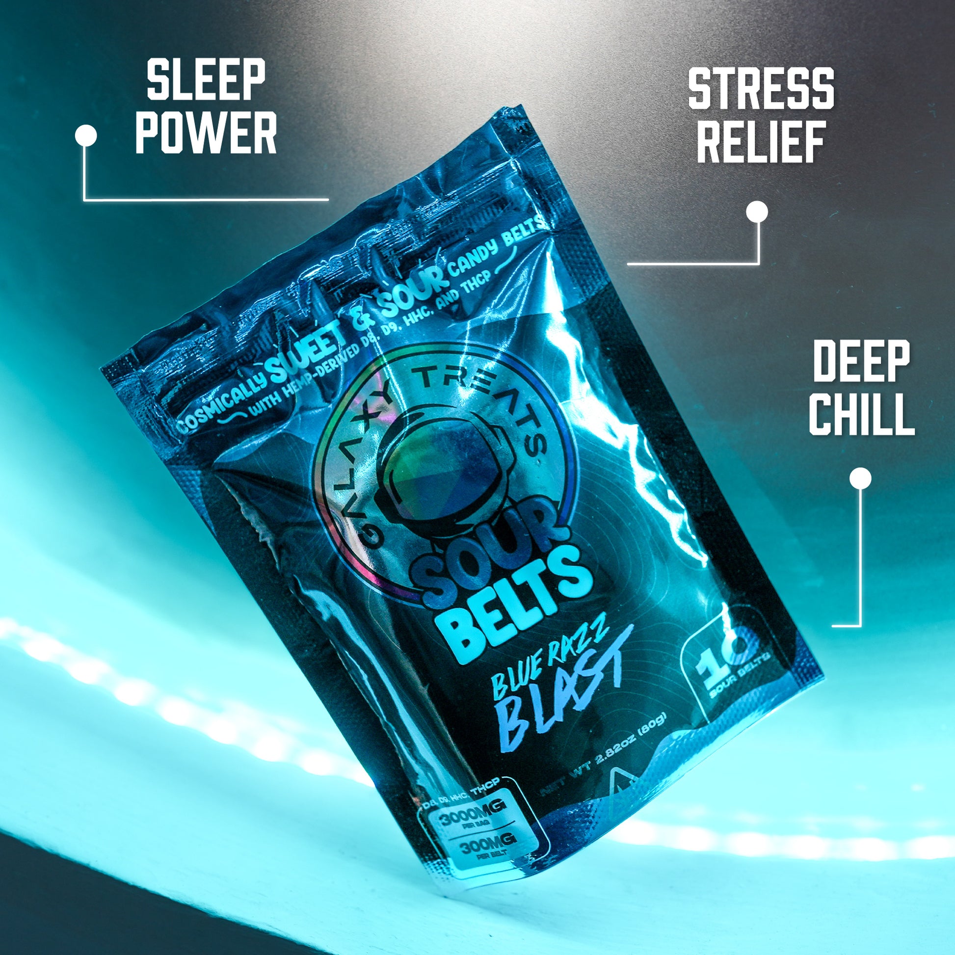 Bluerazz Blast Sour Belts - High Potency 300MG THC Edibles - Front Shot Packaging Image with Benefits - Galaxy Treats in the U.S.