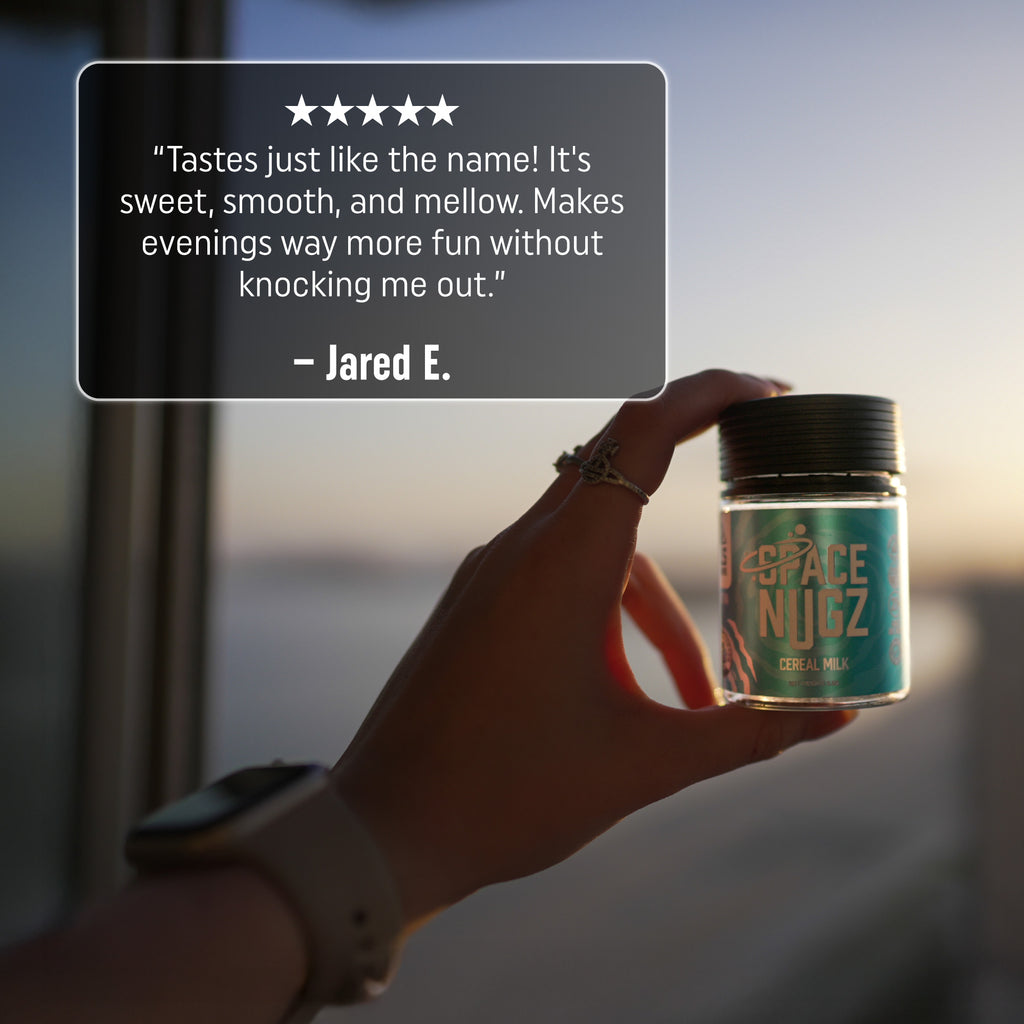 Cereal Milk THCA Flower - Hybrid Flower Strain - Woman Holding Jar Infront of a Sunset - 5 Star Testimonial - Galaxy Treats in the U.S.