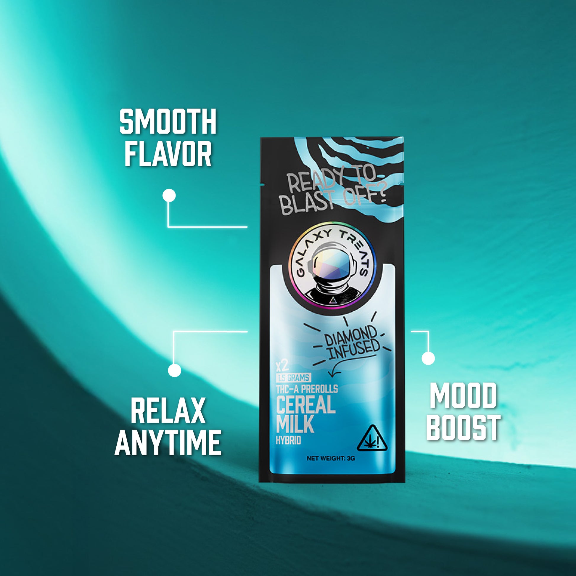 Cereal Milk THCA Prerolls - 1.5 Gram Hybrid Flower - Front Shot of Packaging - Hemp Derived Smokable Benefits - Galaxy Treats in the U.S.