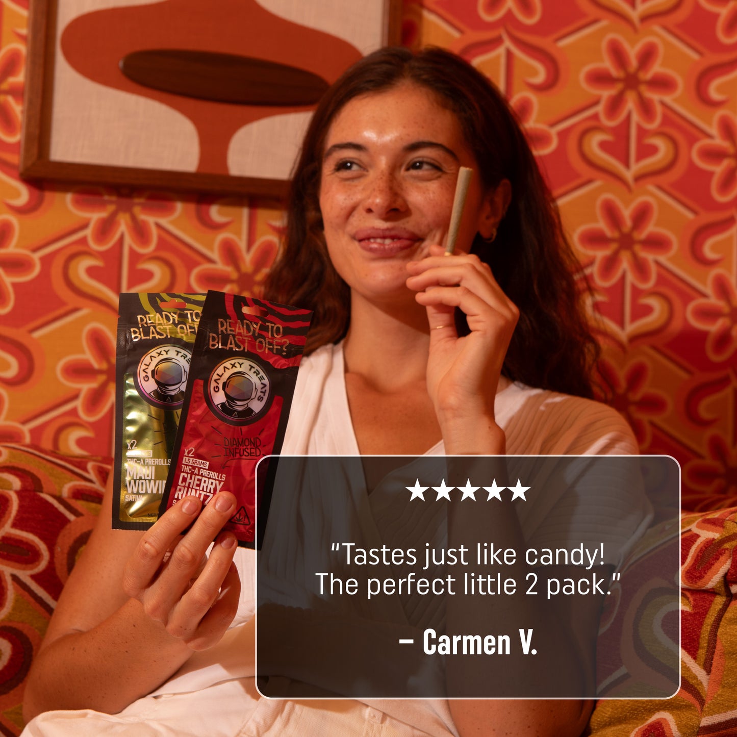 Cherry Runtz THCA Prerolls - 1.5 Gram Sativa Flower - Front Shot of Packaging - Hemp Derived Smokable 5 Star Review - Galaxy Treats in the U.S.