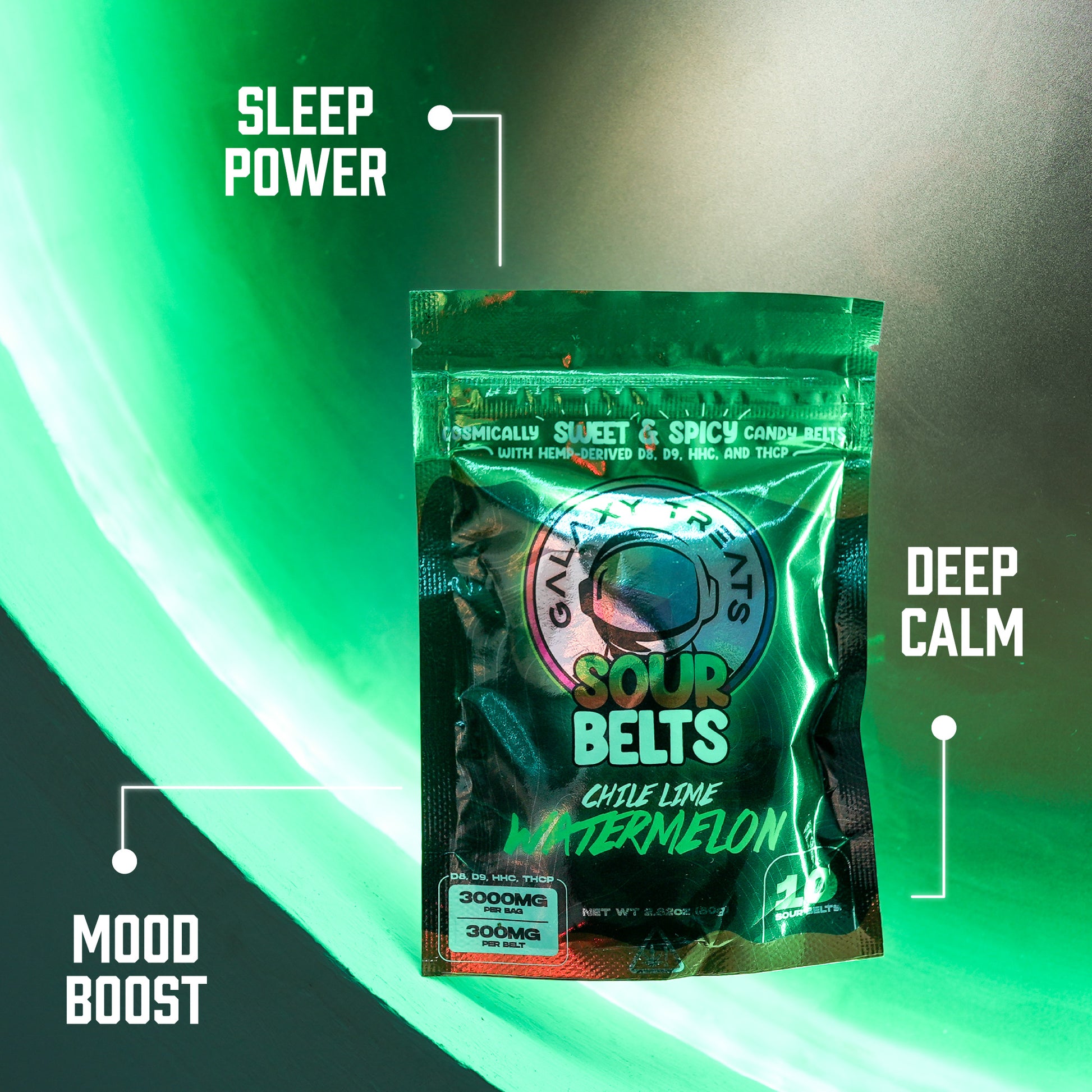 Chile Lime Watermelon Sour Belts - High Potency 300MG THC Edibles - Front Shot Packaging Image with Benefits - Galaxy Treats in the U.S.