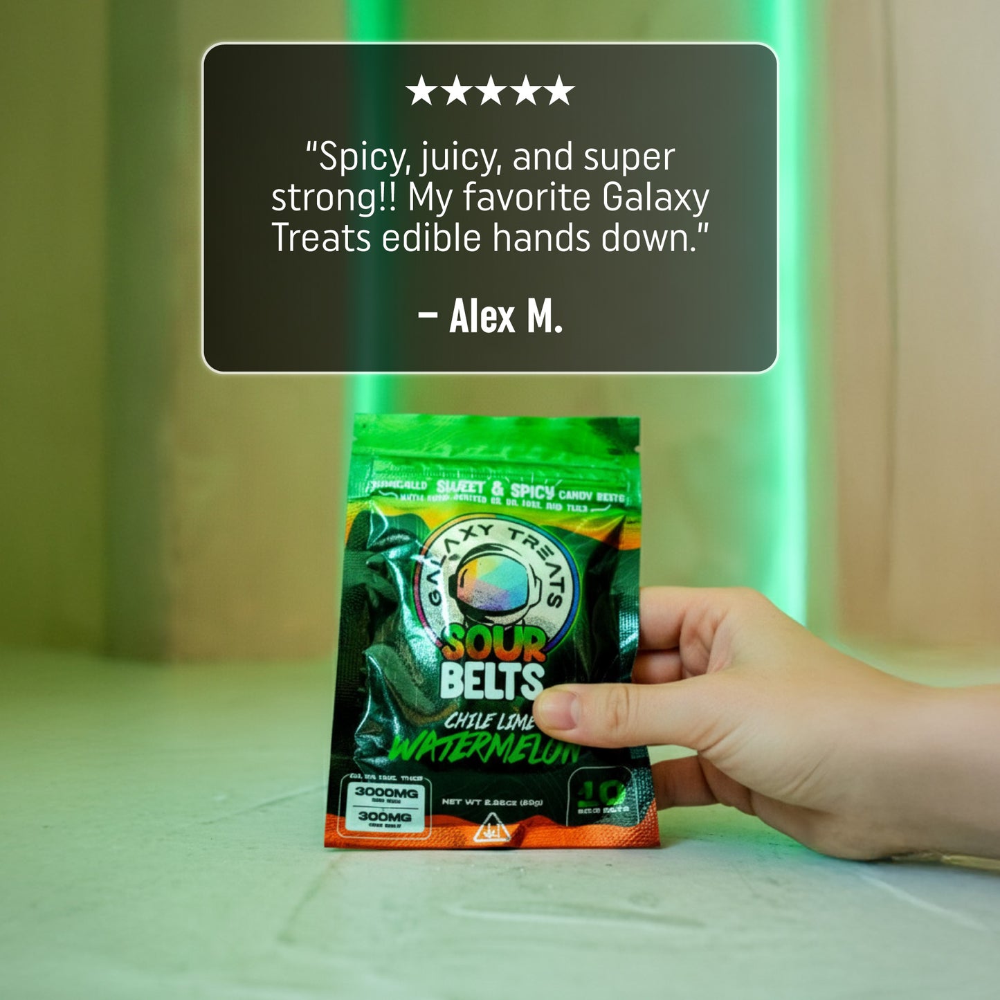 Chile Lime Watermelon Sour Belts - High Potency 300MG THC Edibles - Hand Holding Packaging - 5 Star Testimonial - Galaxy Treats in the U.S.