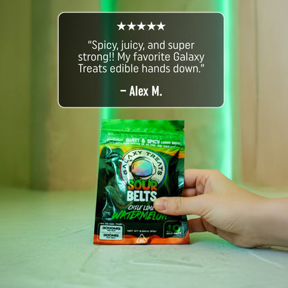 Chile Lime Watermelon Sour Belts - High Potency 300MG THC Edibles - Hand Holding Packaging - 5 Star Testimonial - Galaxy Treats in the U.S.