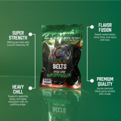 Chile Lime Watermelon Sour Belts - High Potency 300MG Delta THC - Sour Gummy Candy Edibles - Top Selling Points - Galaxy Treats in the U.S.