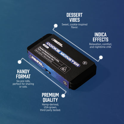 Cookie Monster THCA Prerolls - .5 Gram Indica Flower - Front Shot of Packaging - Hemp Derived Smokable Top Selling Points - Galaxy Treats in the U.S.