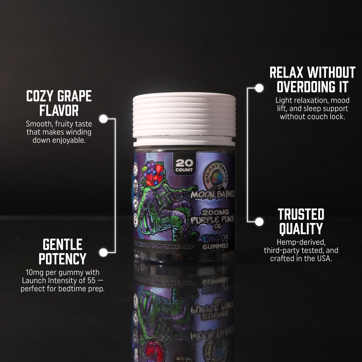 Purple Punch OG Delta 9 Gummies - 10MG Delta 9 - Front Facing Product Image - Top Selling Points - Galaxy Treats in the U.S.