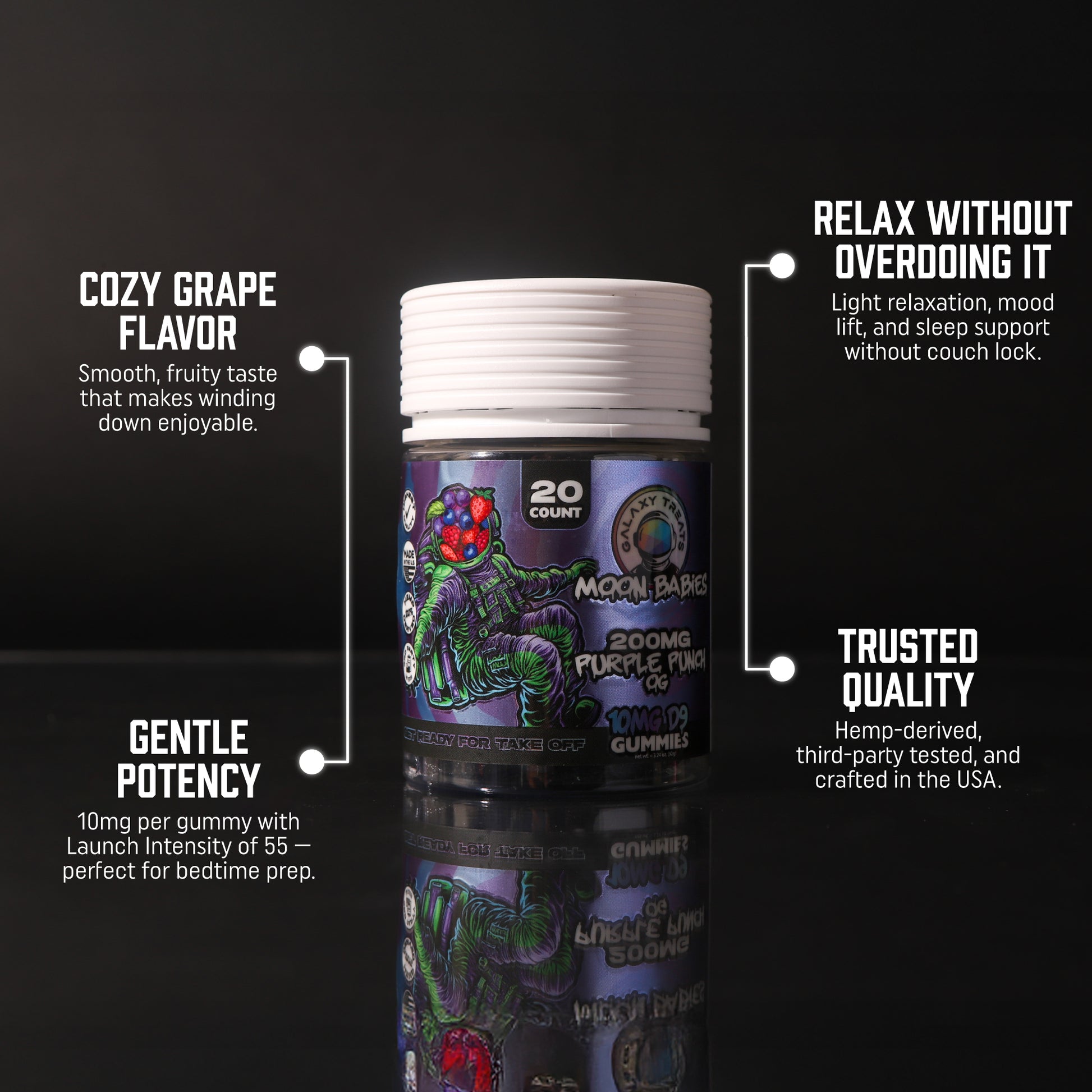 Purple Punch OG Delta 9 Gummies - 10MG Delta 9 - Front Facing Product Image - Top Selling Points - Galaxy Treats in the U.S.