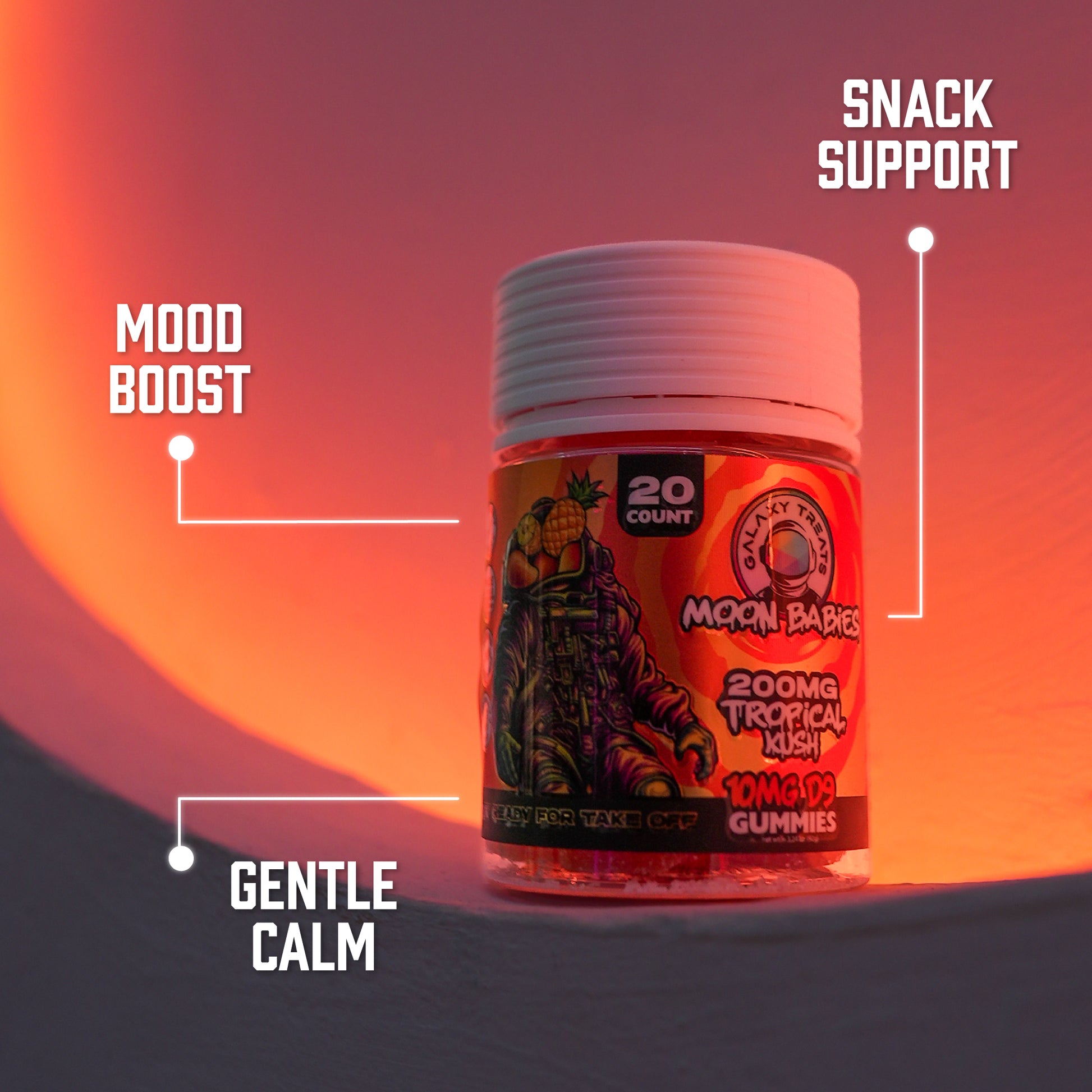 Tropical Kush Delta 9 Gummies - 10MG Delta 9 - Front Facing Product Image - Orange Gradient Background - Galaxy Treats in the U.S.