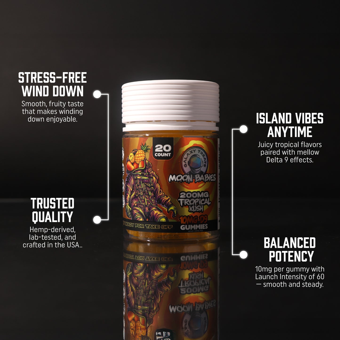 Tropical Kush Delta 9 Gummies - 10MG Delta 9 - Straight shot Image of Jar - Top Selling Points - Galaxy Treats in the U.S.
